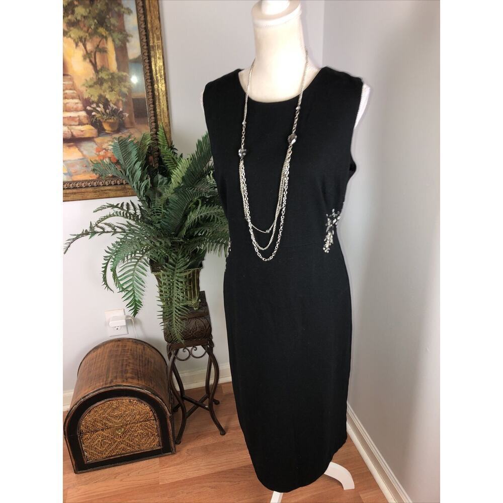 Gap‎ Women Black Sleeveless Dress 14 Lined Full Zipper Back Sheath Embroidered
